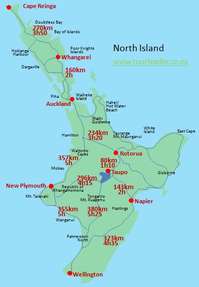 Driving distances New Zealand North Island