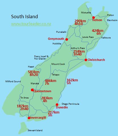 Map Of South Island New Zealand With Distances New Zealand Travel Distances And Driving Times | Tourleader New Zealand